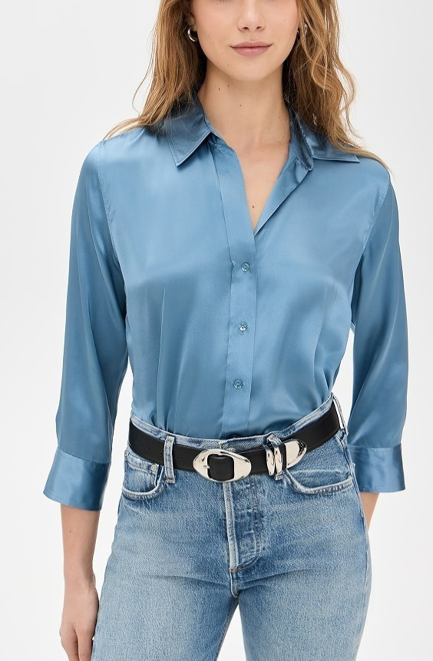 L'AGENCE Dani 100% silk blue 3/4 Sleeve Blouse lagenlook Size Medium A011210